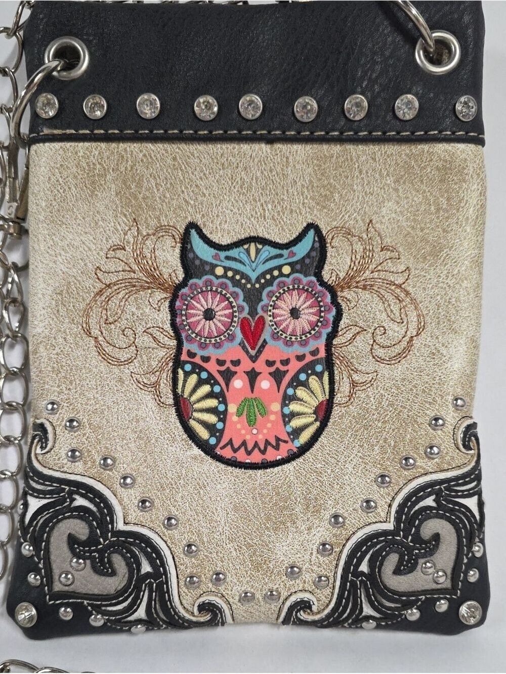 Western-Style Crossbody Featuring Owl Design with Silver Chain Strap